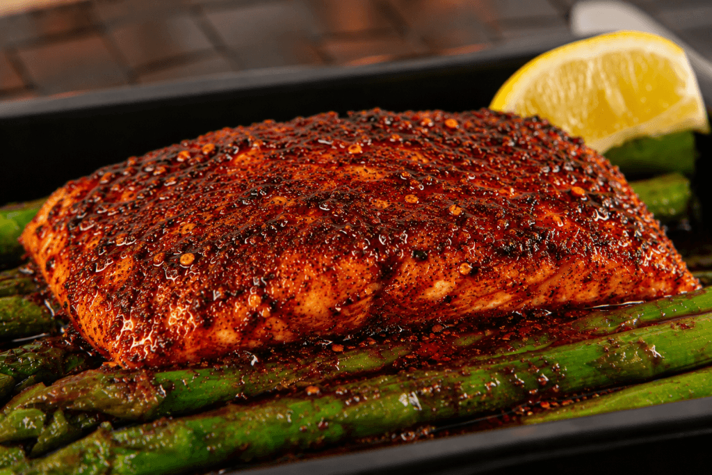 pan seared salmon with Nashville hot oil and spices
