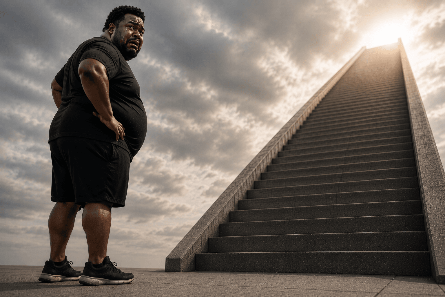 Man standing at the bottom of a staircase, symbolizing the beginning of a weight-loss and fitness journey