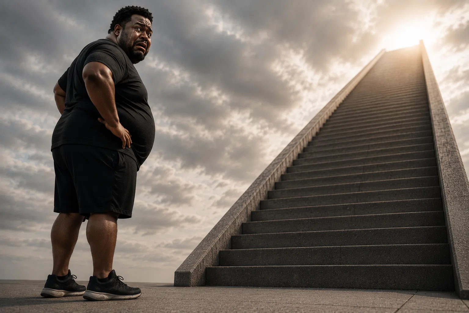 Man standing at the bottom of a staircase, symbolizing the beginning of a weight-loss and fitness journey