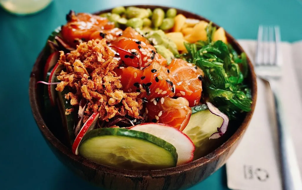 tuna and salmon with edamame, seaweed, and cucumber