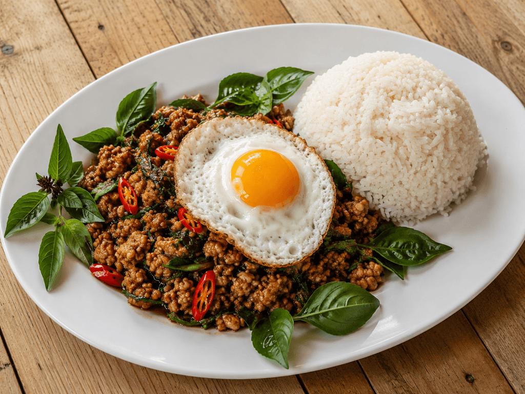 A thai dish of hand chopped chicken, with basil, asian sauces, herbs, spices, hot chili peppers, and green long beans