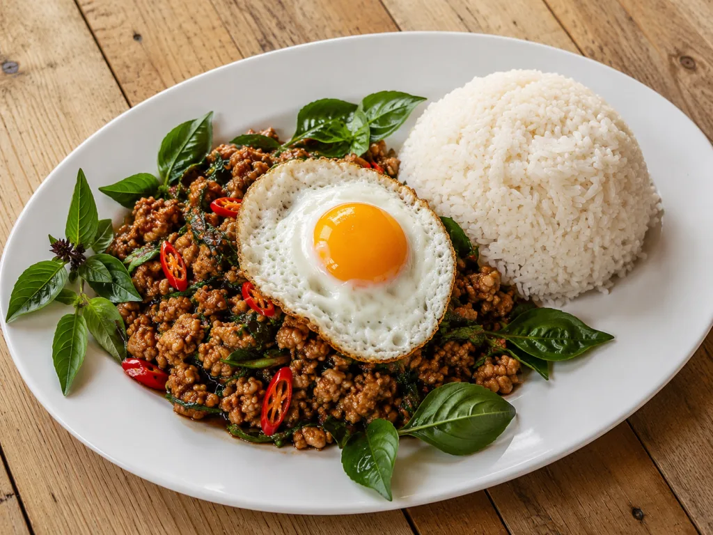 A thai dish of hand chopped chicken, with basil, asian sauces, herbs, spices, hot chili peppers, and green long beans